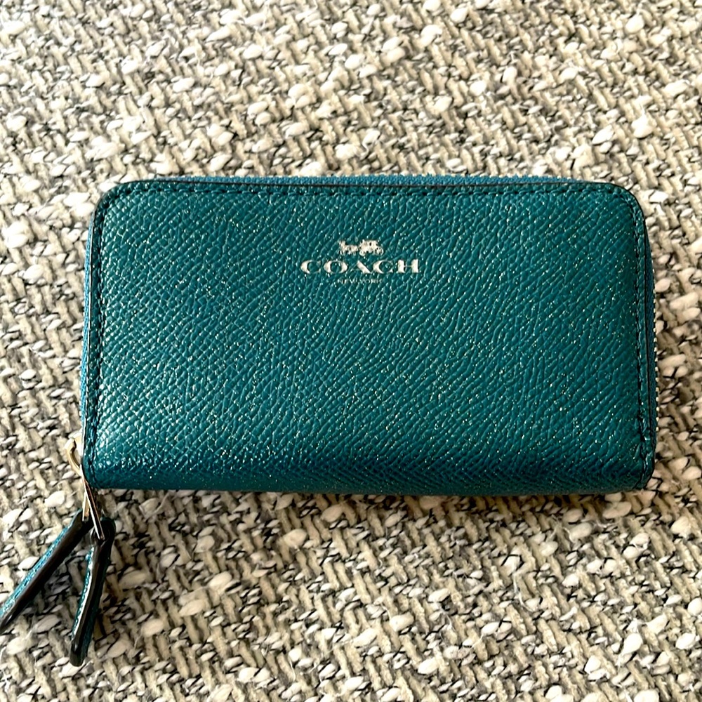 Coach double zip dark teal color with a bit of sparkle. Some water damage photo